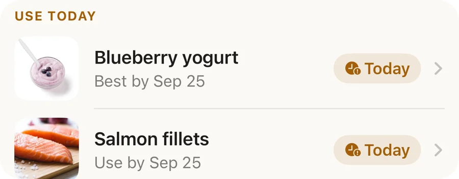 FreshScan list rows under Use today: Blueberry yogurt, best by Sep 25, and Salmon fillets, use by Sep 25, each marked Today